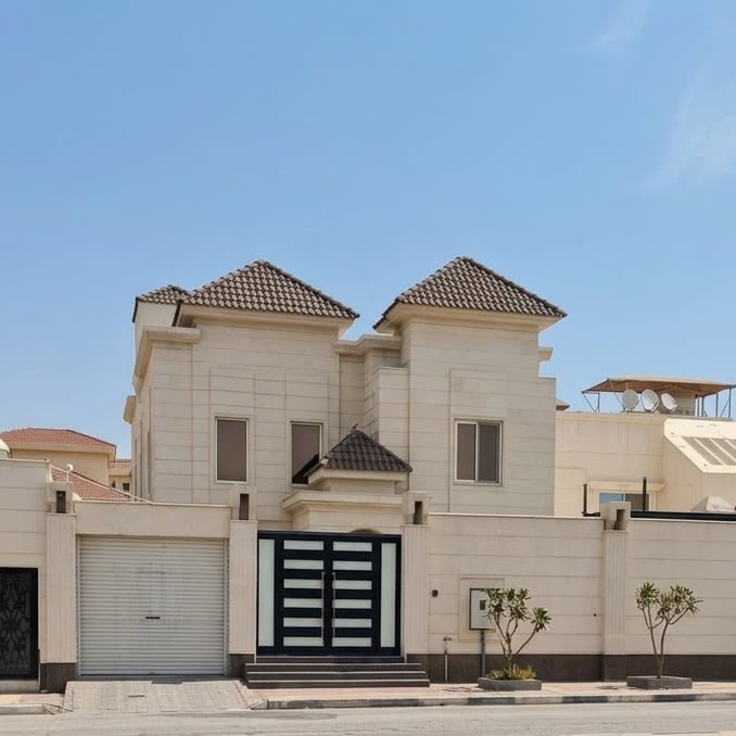 فيلا بيضاء بأبراج قرميد بنّي ومرآب
