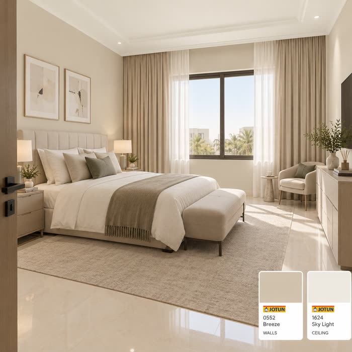 غرفة نوم بستائر بيج ونافذة تطل على النخيل — جوتن 0552 Breeze و1624 Sky Light