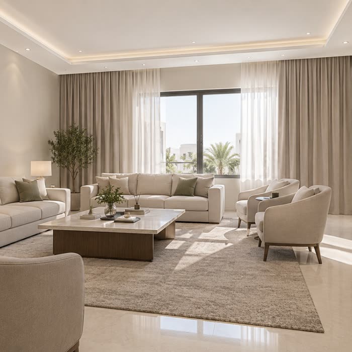 صالة بكنبتين وجدار تلفاز خشبي — جوتن 10341 Limestone و9918 Classic White
