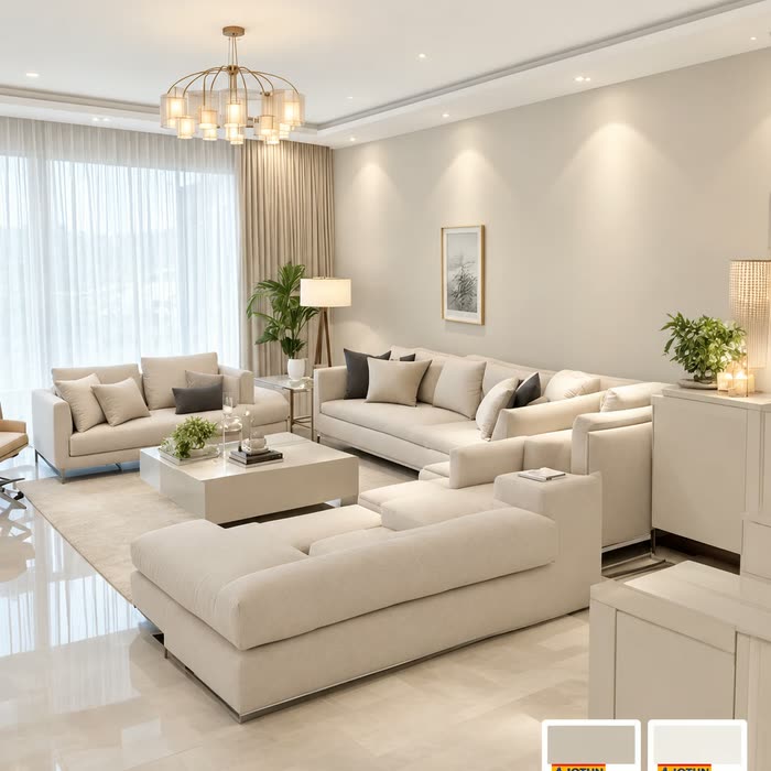 صالة بثريا ذهبية وكنب بيج — جوتن 10341 Limestone مخفّف 50٪ و9918 Classic White