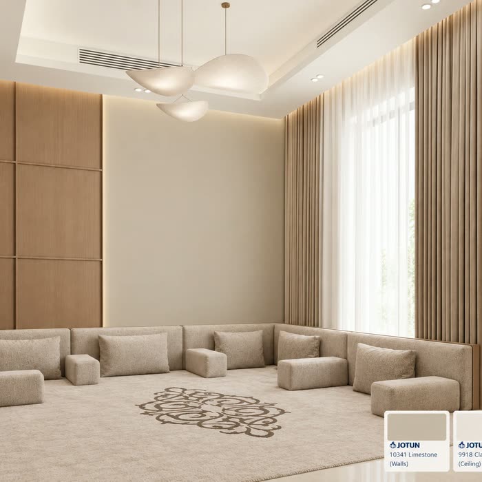مجلس بجلسة أرضية وجدار بألواح خشبية — جوتن 10341 Limestone و9918 Classic White
