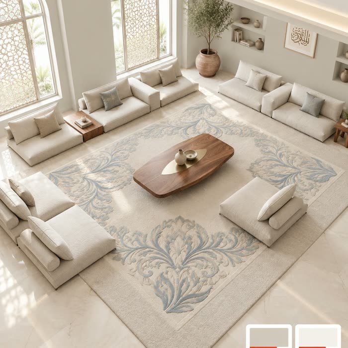 مجلس من الأعلى بسجادة مزخرفة ونوافذ مشربية — جوتن 0552 Breeze و9918 Classic White